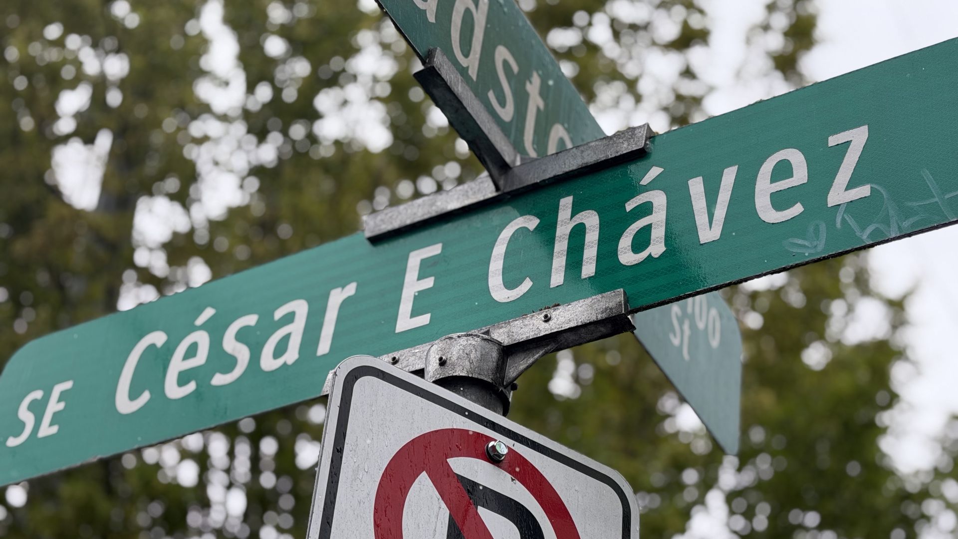 Close-up of intersecting green street signs reading César E. Chávez, with a weathered metal bracket and a red no-entry sign in the foreground; leafy bokeh background.