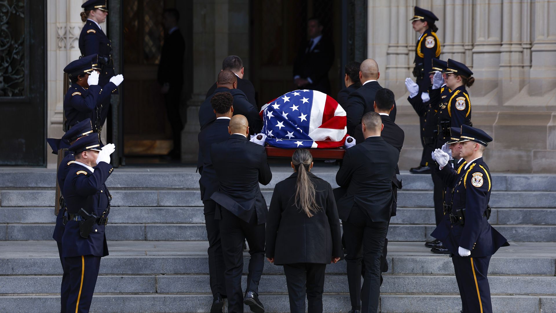 Pallbearers carring the casket of the former Supreme Court Justice Sandra Day O'Connor into the Washington National Cathedral for funeral services on Dec. 19.
