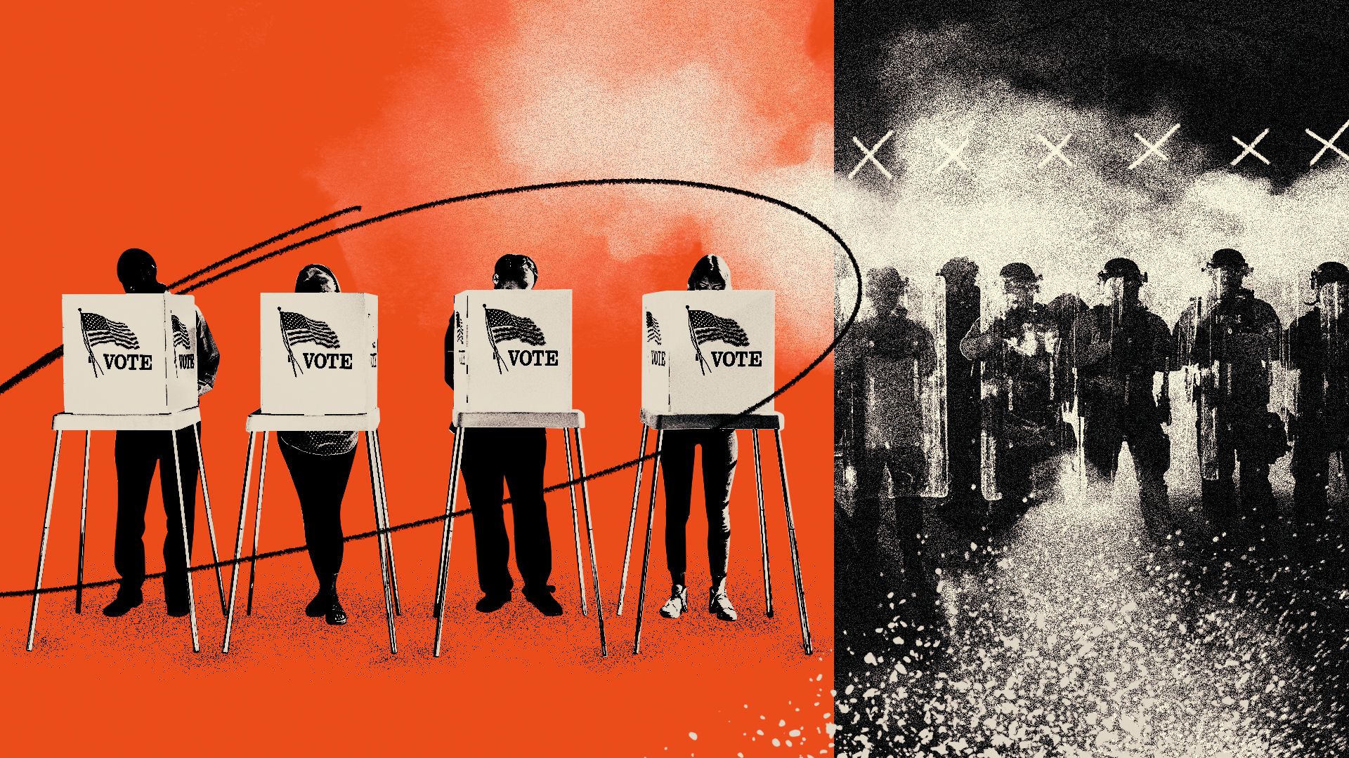 Photo illustrated collage of people voting in booths superimposed next to ICE agents standing behind riot shields.