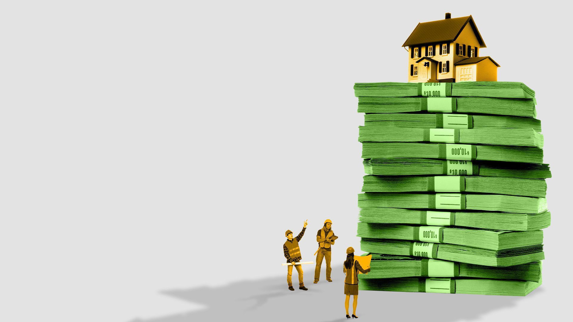 An illustration of a home on piles of money