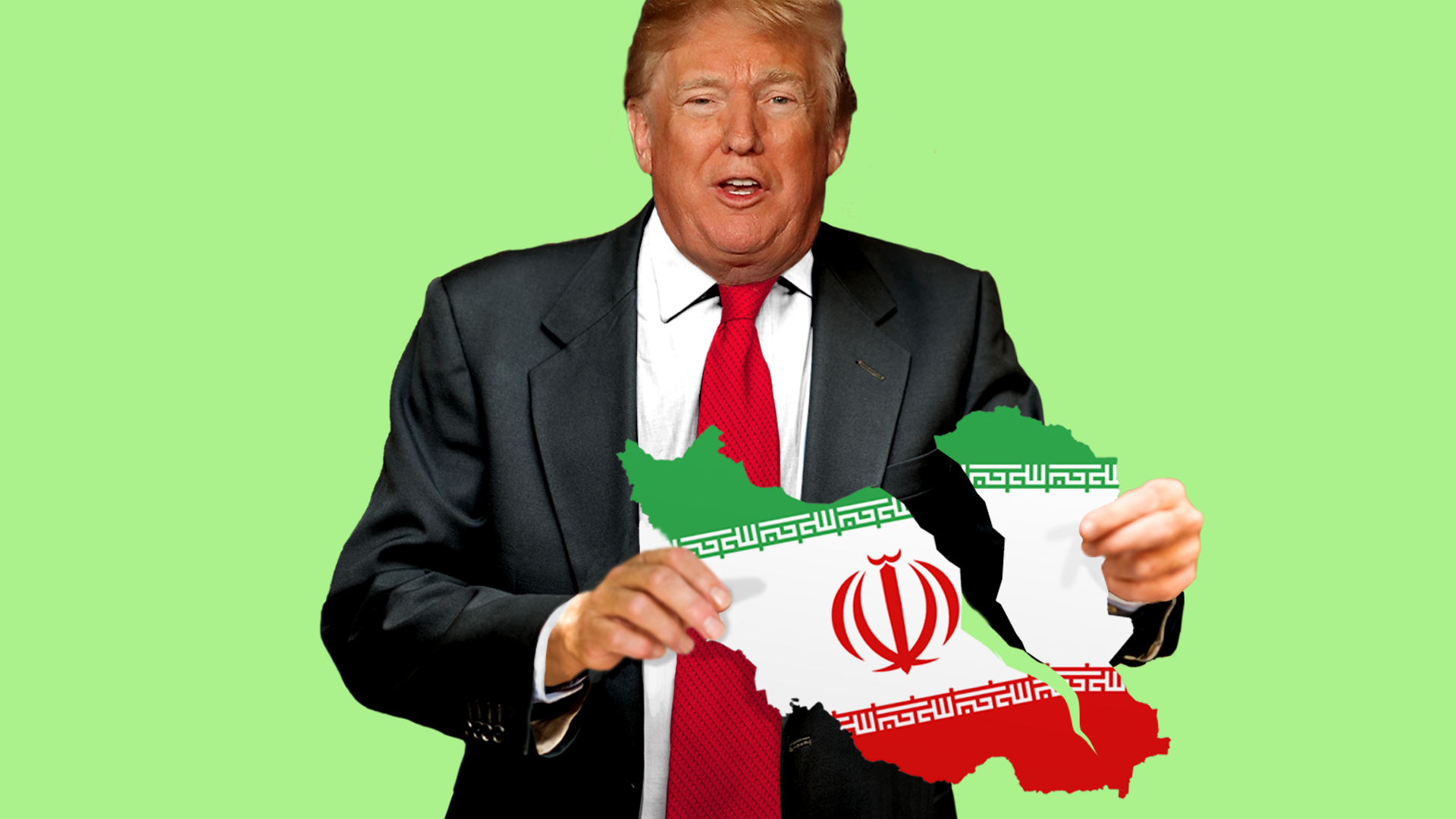 Illustration of Donald Trump ripping Iranian flag before green background.