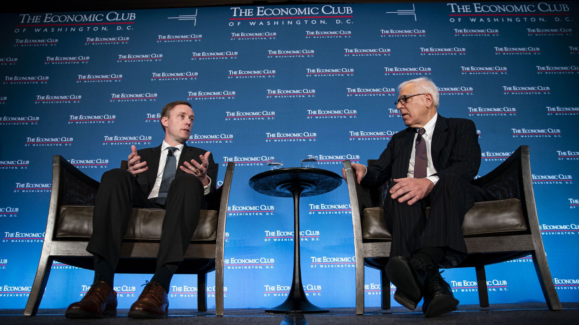 National Security Adviser Jake Sullivan is seen being interviewed at the Economic Club.