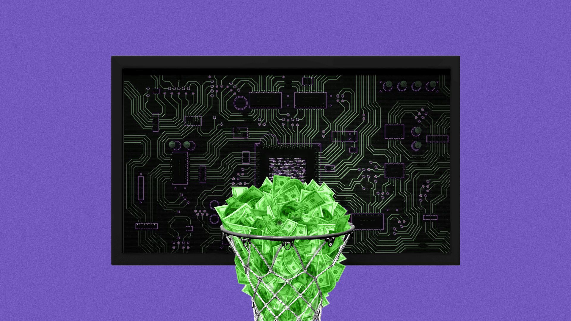 Illustration of basketball net full of money with a circuit baseboard