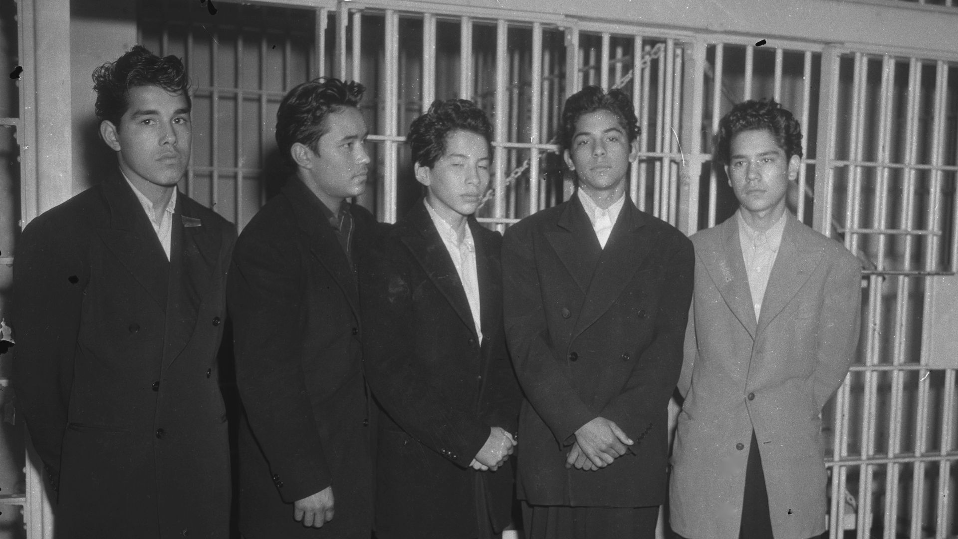 Mexican American zoot suiters lined up outside Los Angeles jail in 1943.