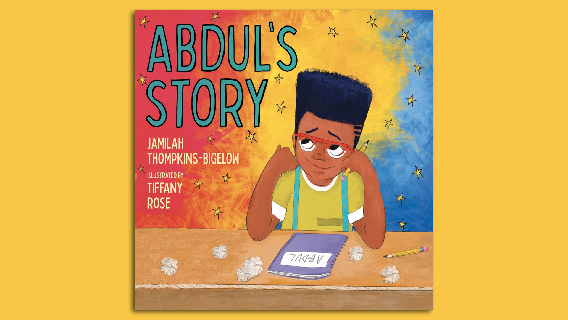 An illustration of a boy sitting at his desk on the cover of a new children's book, "Abdul's Story."