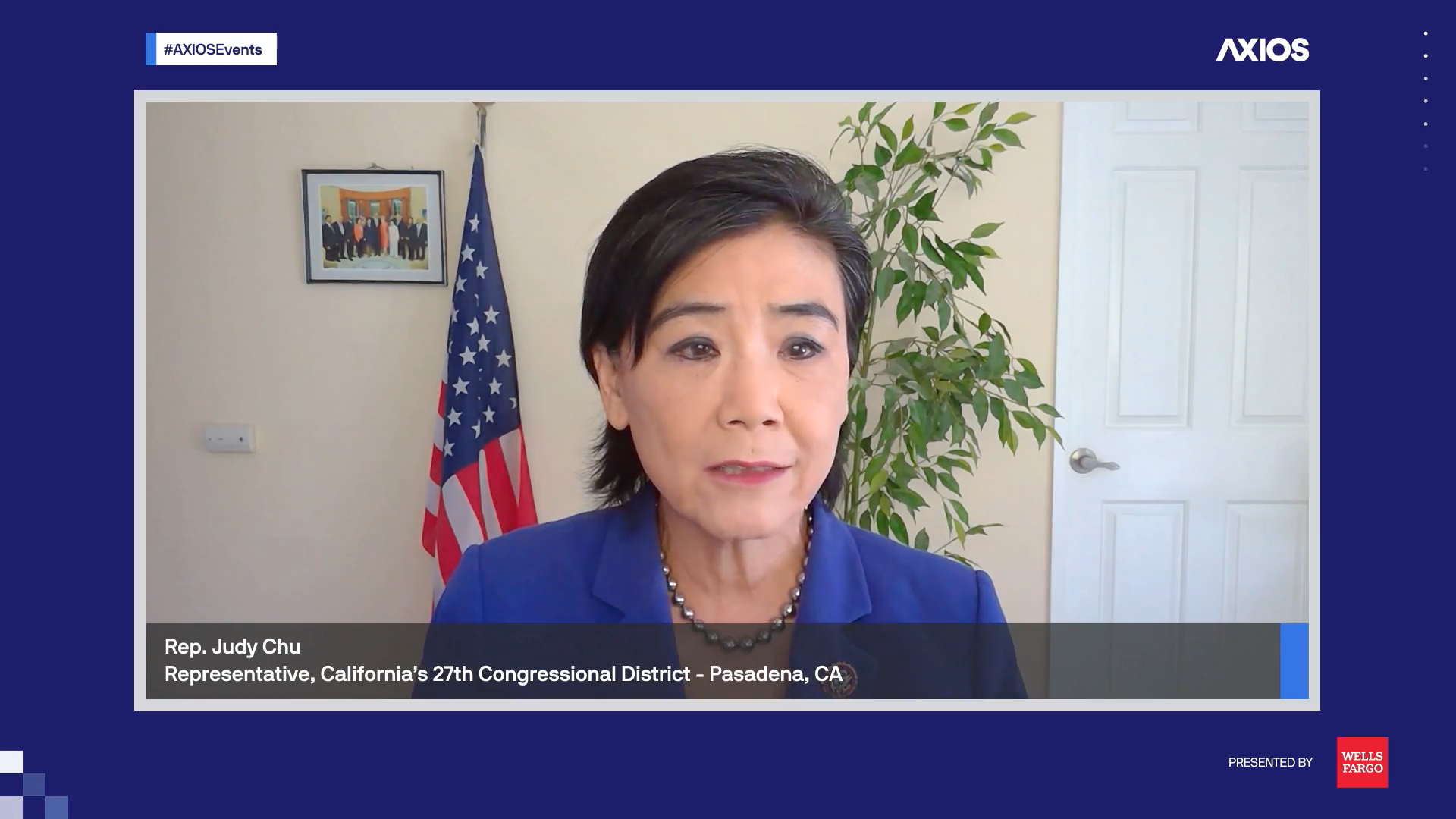 Screenshot of Judy Chu speaking at a virtual Axios event