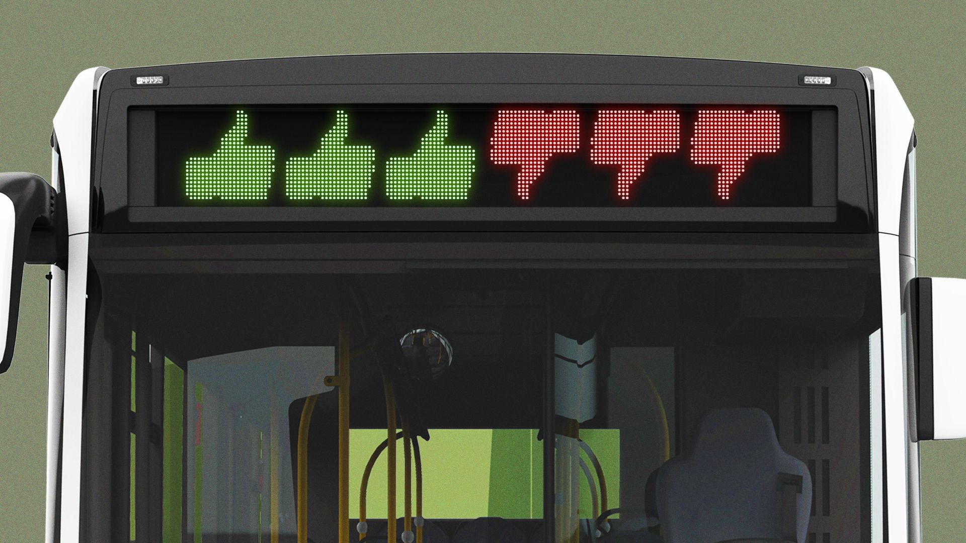 Illustration of a bus with both thumbs up and thumbs down in the destination ticker. 