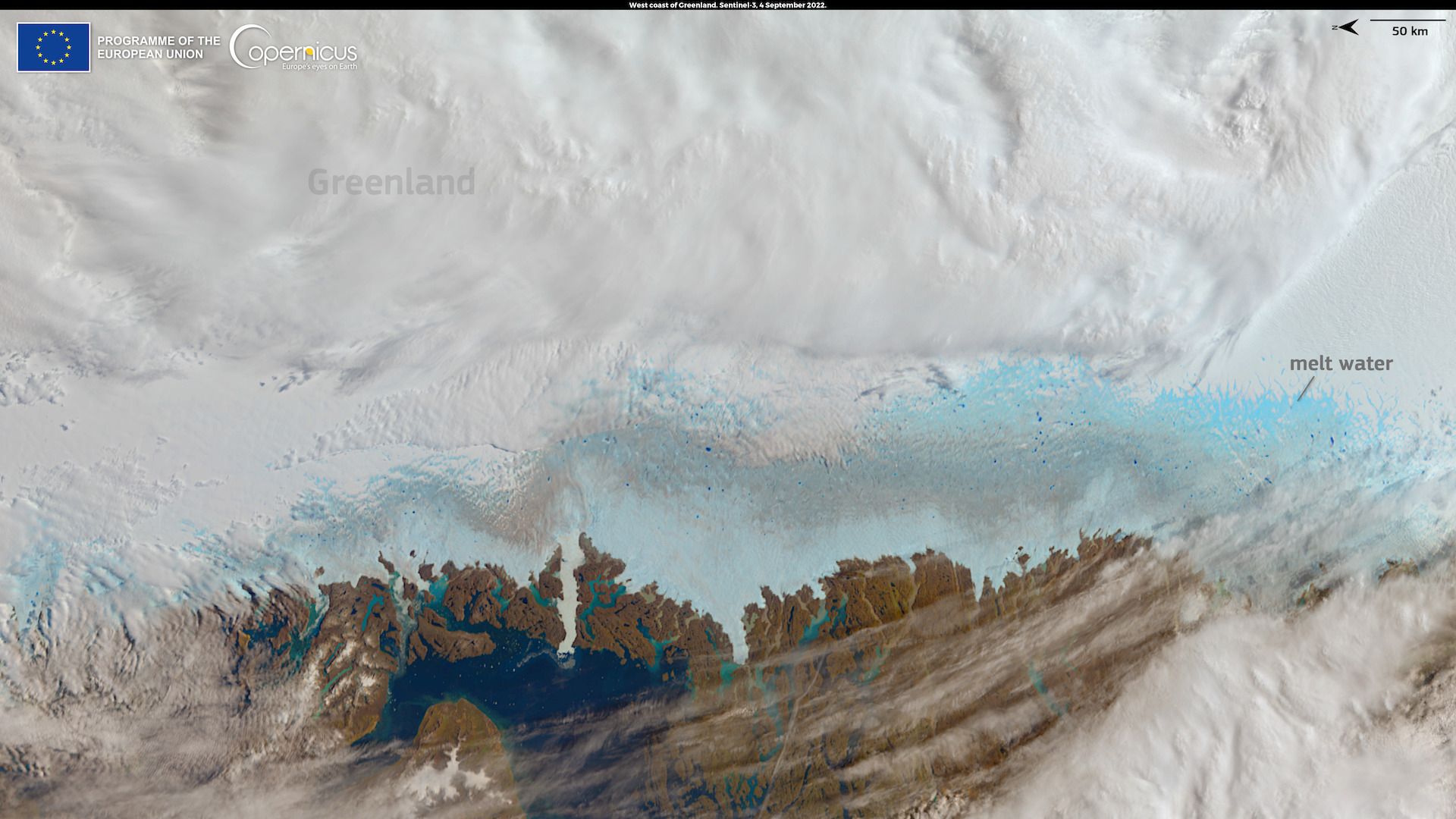 Satellite image of meltwater flowing off the Greenland Ice Sheet in early Sept. 2022.