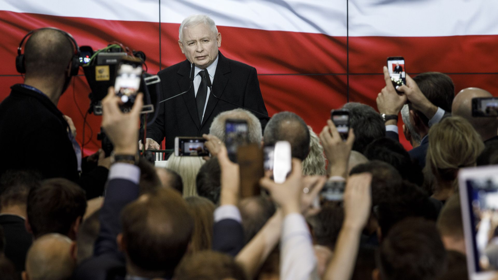 Jaroslaw Kaczynski, leader of the Law and Justice political party (PiS), speaks to his supporters. 