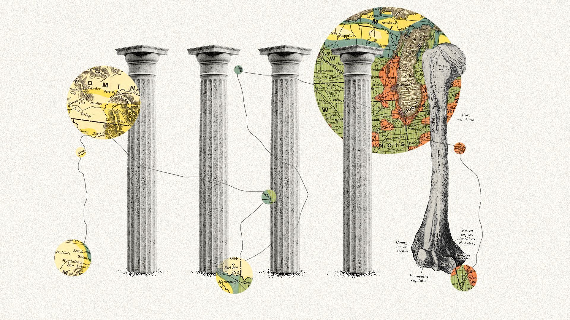 Illustrated collage of a pattern of columns with the last column represented by a medical drawing of a bone, with interconnected map elements in the background.
