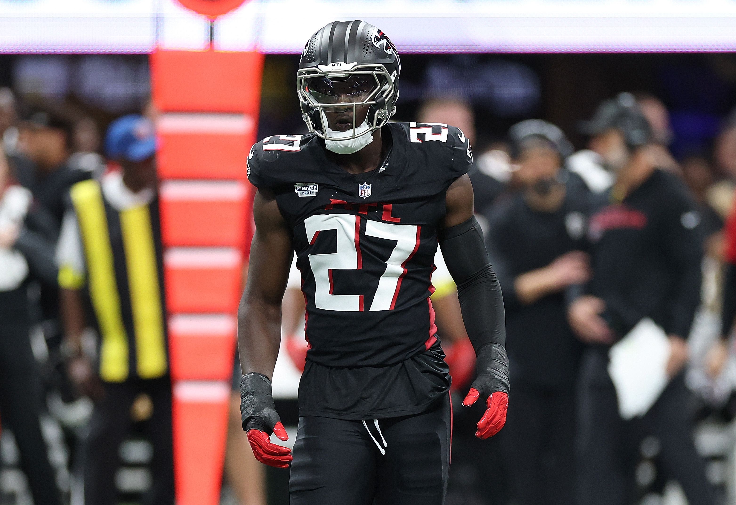 James Pearce Jr. #27 of the Atlanta Falcons looks on during the second quarter of the NFL 2025 game between Tampa Bay Buccaneers and Atlanta Falcons at Mercedes-Benz Stadium on September 07, 2025 in Atlanta, Georgia.