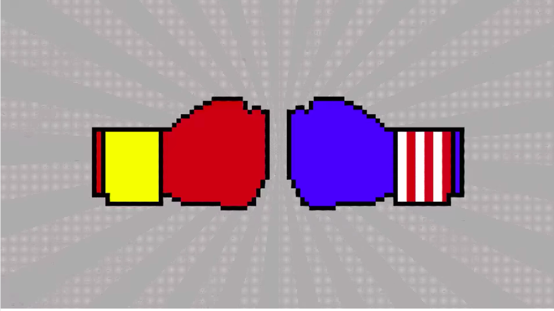 Illustration of pixel-art boxing gloves preparing to punch each other, one is in the colors of China's flag and the other in the colors of America's flag.