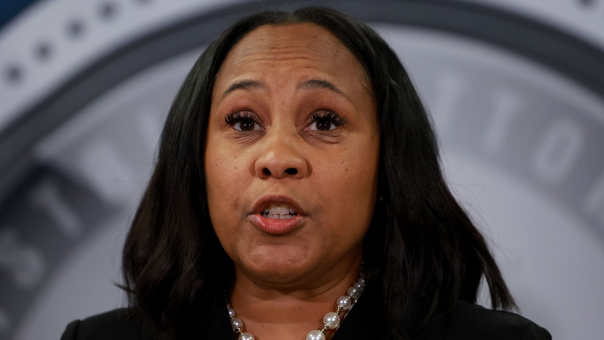 Fulton County District Attorney Fani Willis speaking in Atlanta in August 2023.