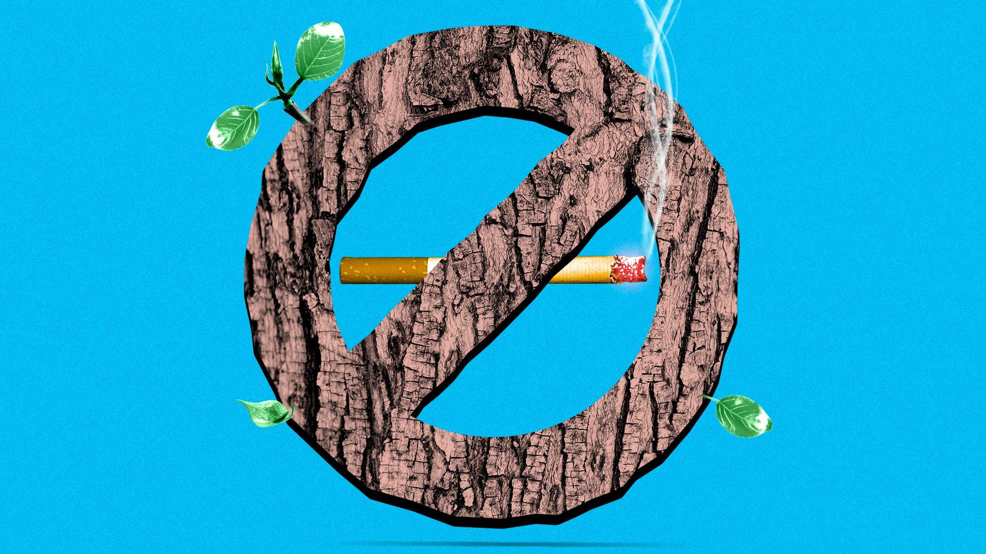 Illustration of a cigarette with a no smoking sign made of tree bark.