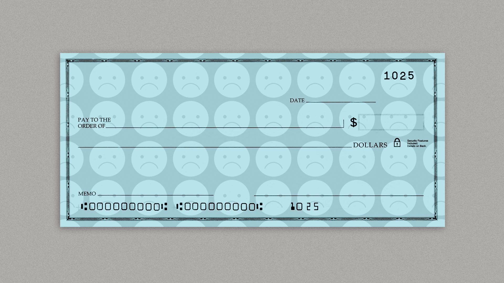 Illustration of a blank check with a pattern of sad faces as the watermark image. 