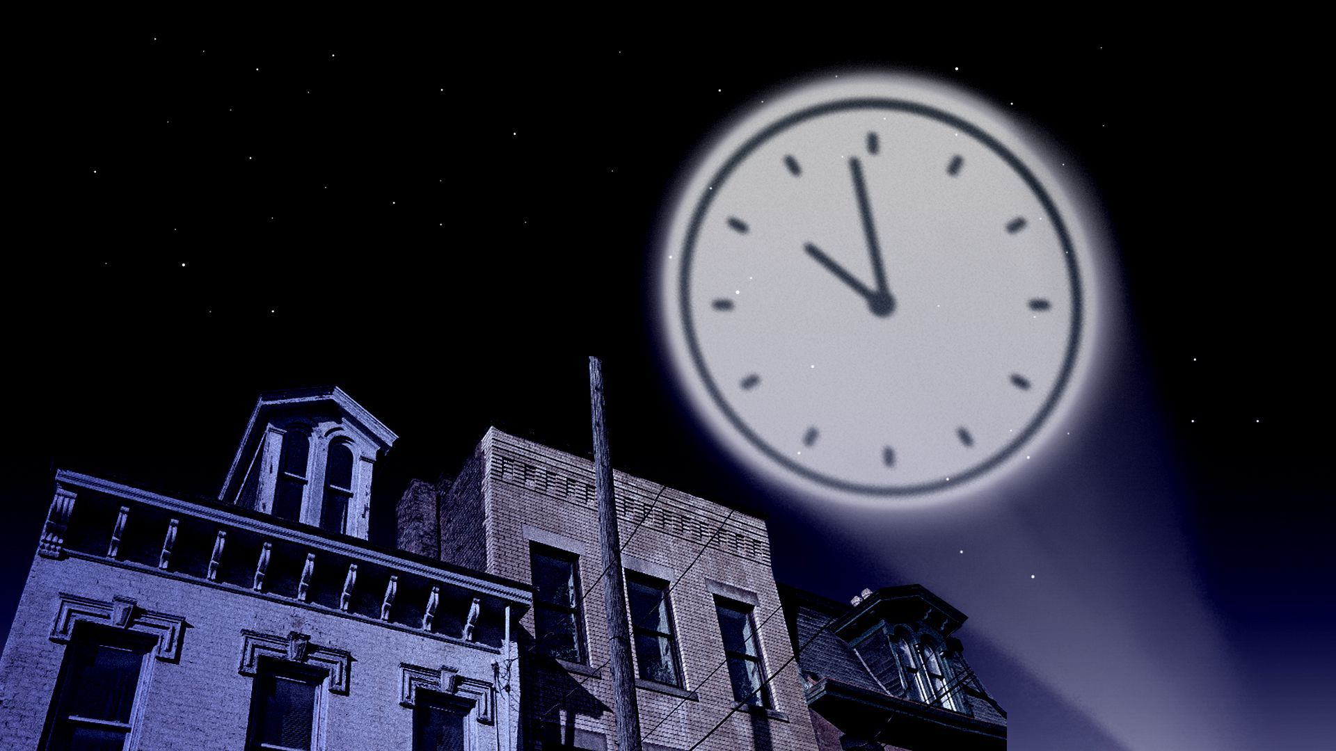 Illustration of brownstone buildings under a night sky lit with a spotlight depicting a clock