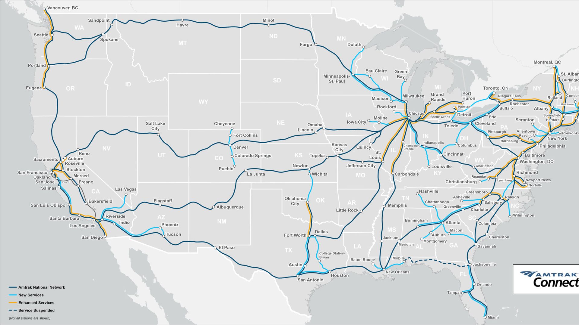 The proposed map for an expanded rail service by Amtrak. 