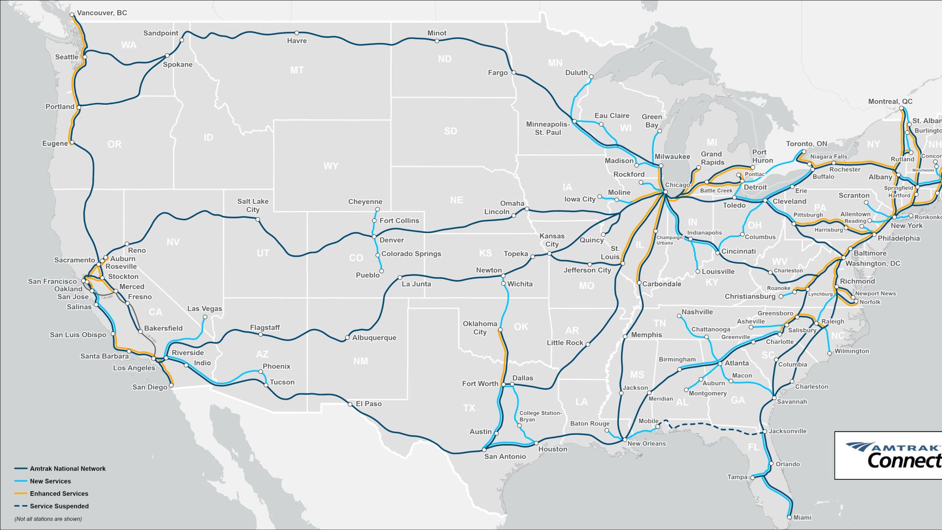 The proposed map for an expanded rail service by Amtrak.