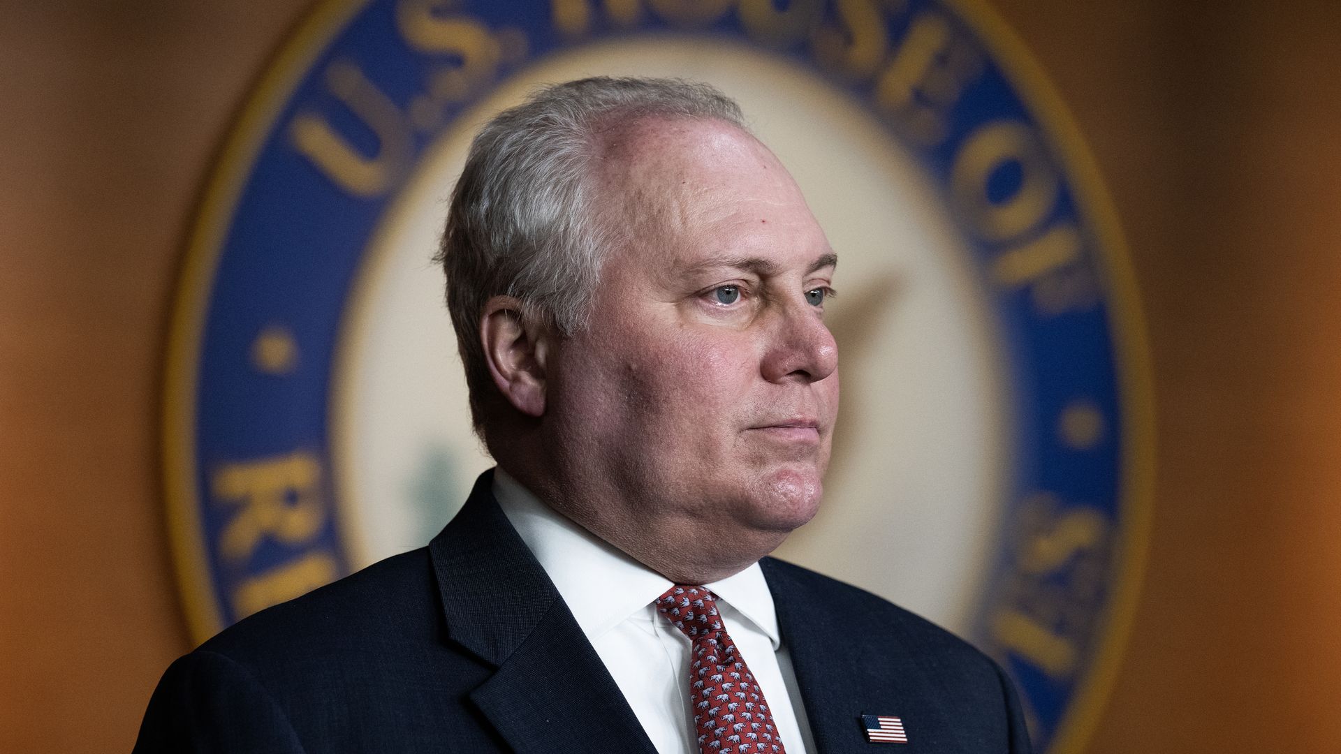 House Majority Leader Steve Scalise, wearing a dark blue suit, white shirt and red tie.