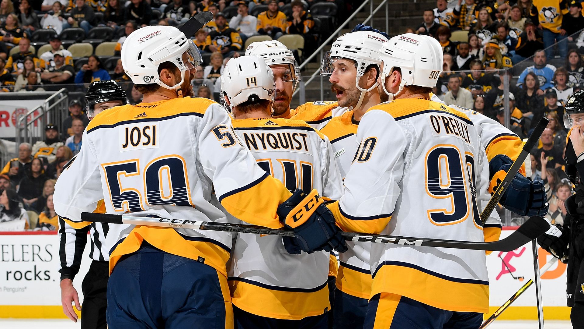 Gustav Nyquist #14 of the Nashville Predators celebrates his second period goal against the Pittsburgh Penguins at PPG PAINTS Arena on April 15, 2024 in Pittsburgh, Pennsylvania.