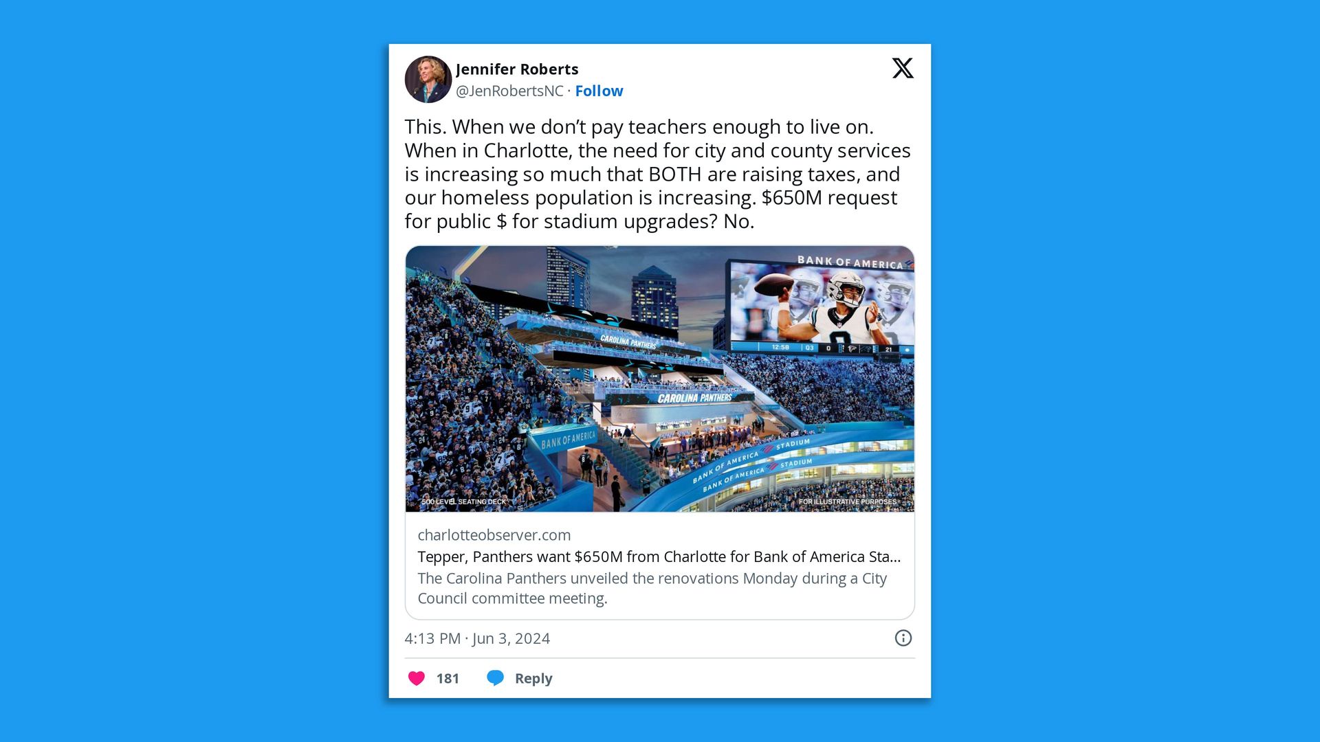 Tweet from former Charlotte mayor Jennifer Roberts