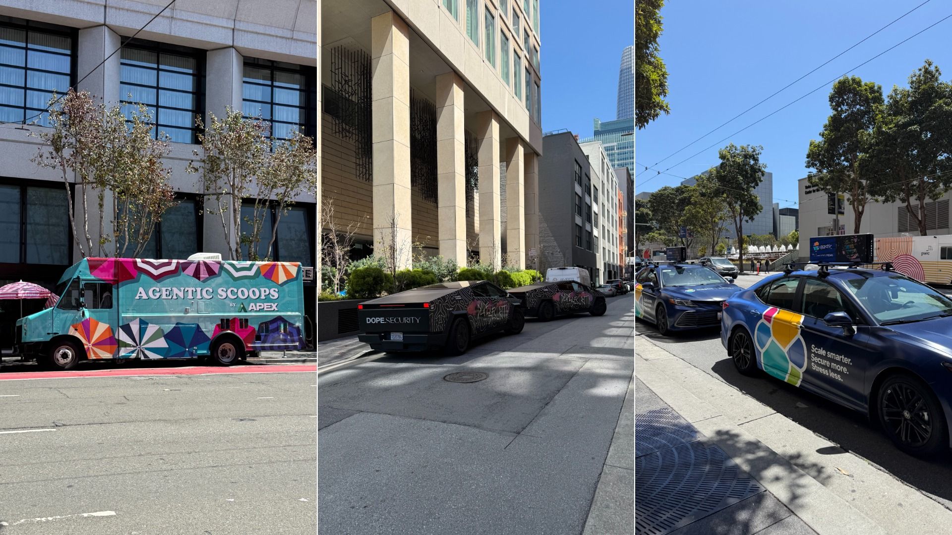 A series of three photos side-by-side showing an ice cream truck, two Cybertrucks and a few Toyota sedans covering in advertisements for cyber vendors.