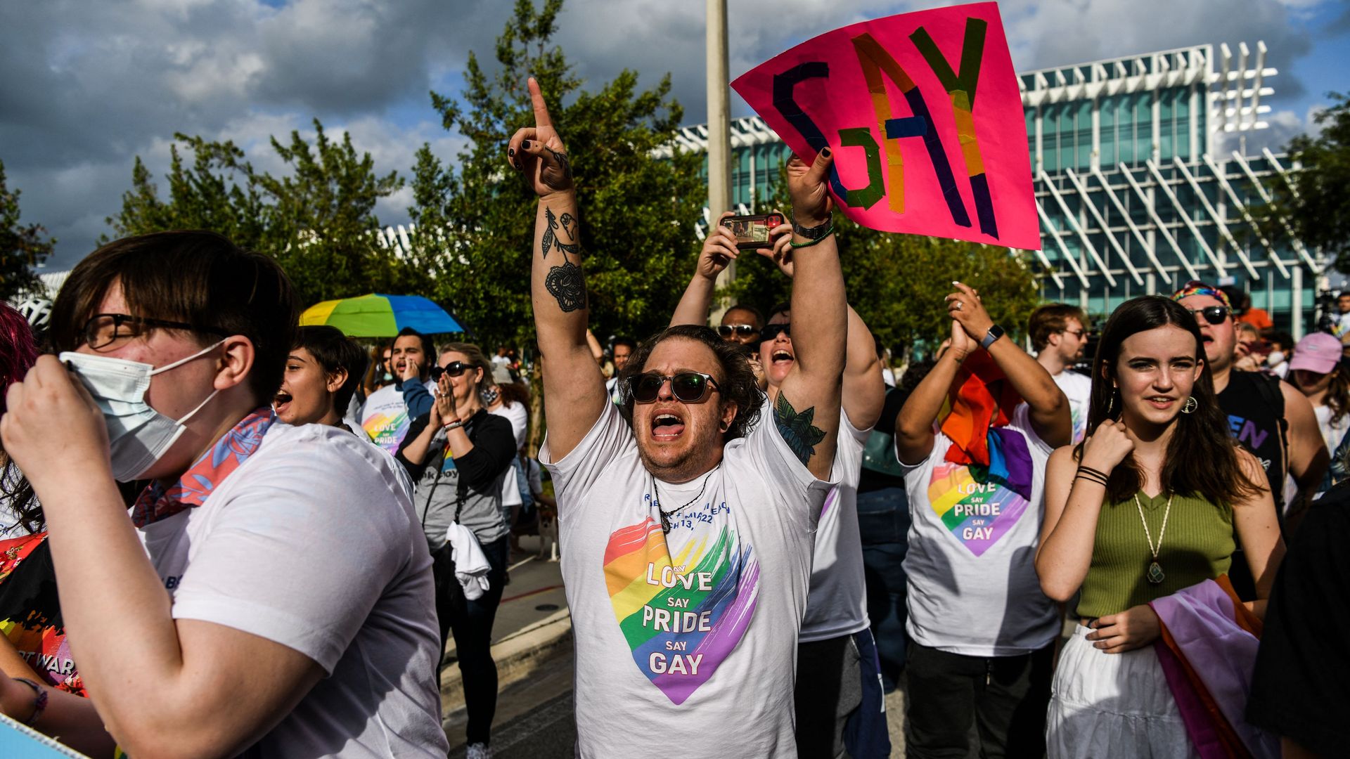 Members and supporters of the LGBTQ+ community attend the "Say Gay Anyway" rally in Miami Beach, Florida on March 13, 2022.