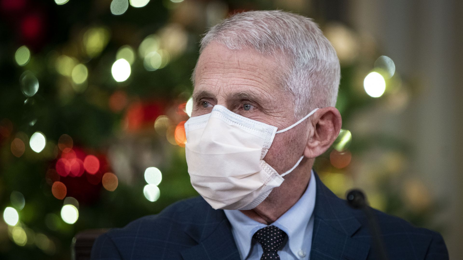 Dr. Anthony Fauci wearing a mask at a White House briefing with Christmas lights behind him