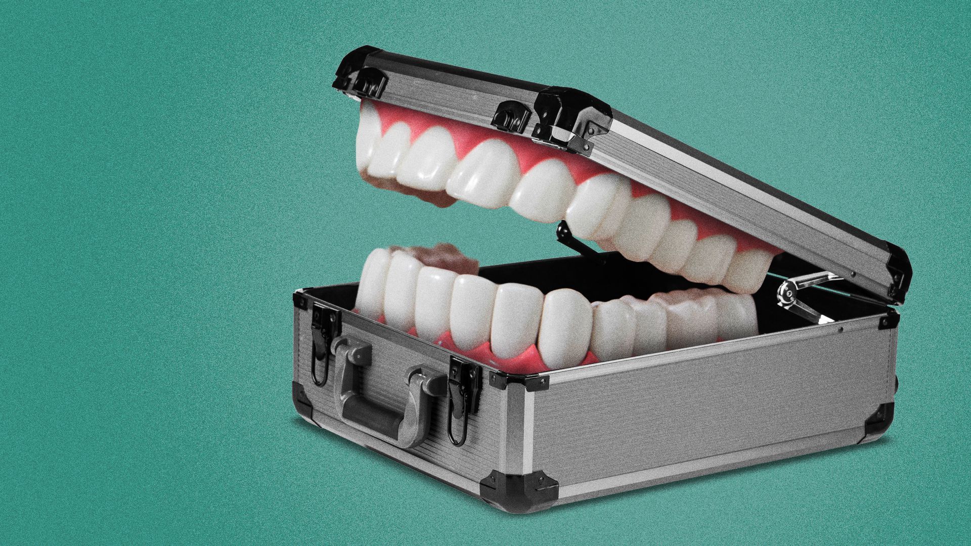 Illustration of a metal briefcase with teeth. 