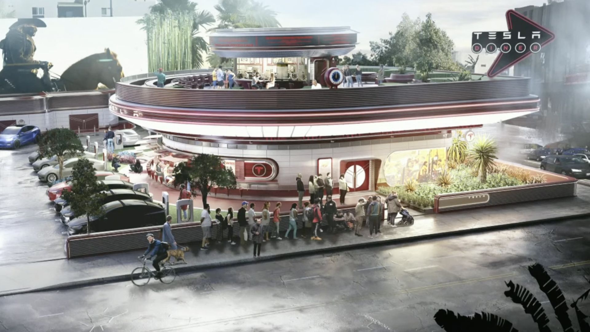 Rendering of a diner with charging stations that Tesla is constructing in Hollywood. Image courtesy of Tesla (as released on its March 1 investor day). 