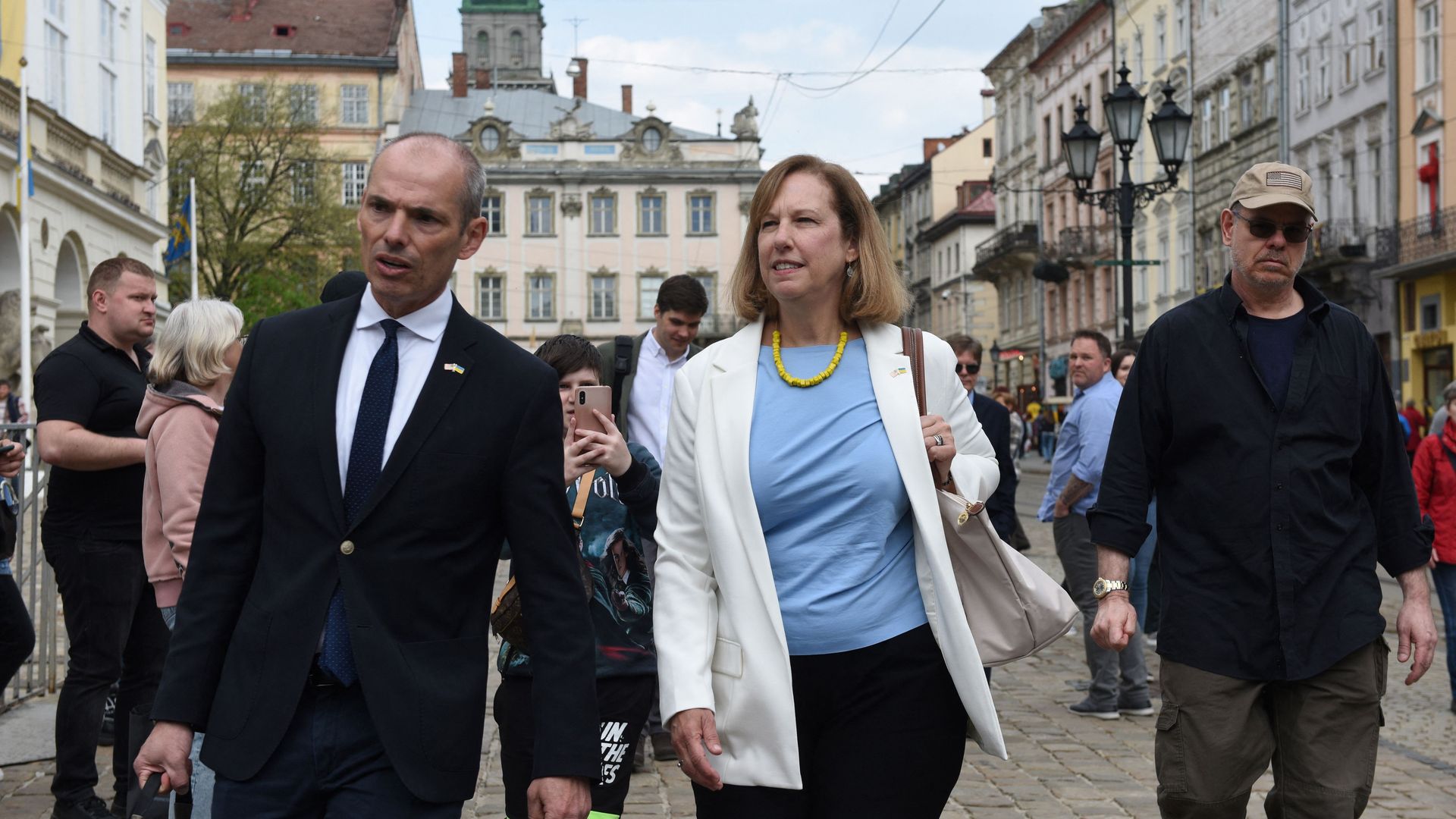 The U.S. charge d'affaires for Ukraine is seen walking the streets of Lviv during a visit.