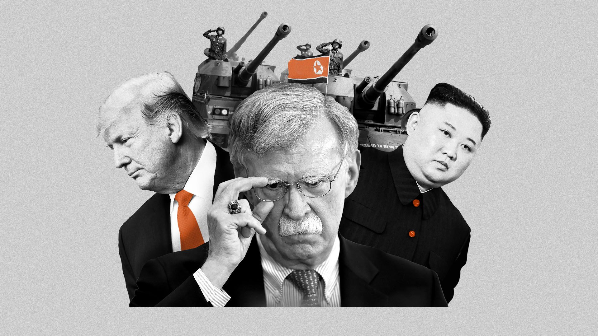 Photo illustration of John Bolton, President Trump, Kim Jong Un, and a collection of tanks from a North Korean military parade