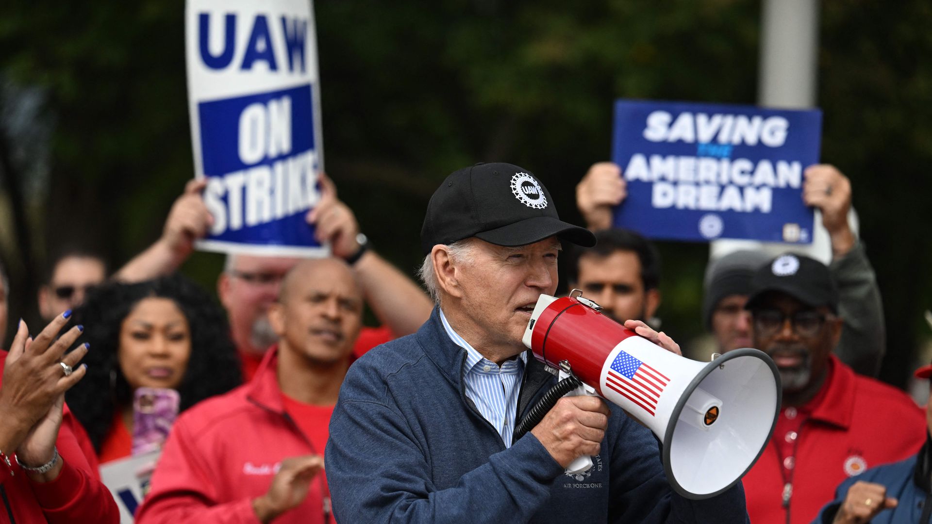 President Joe Biden addresses striking UAW members at a picket line outside a General Motors parts facility in Belleville yesterday.