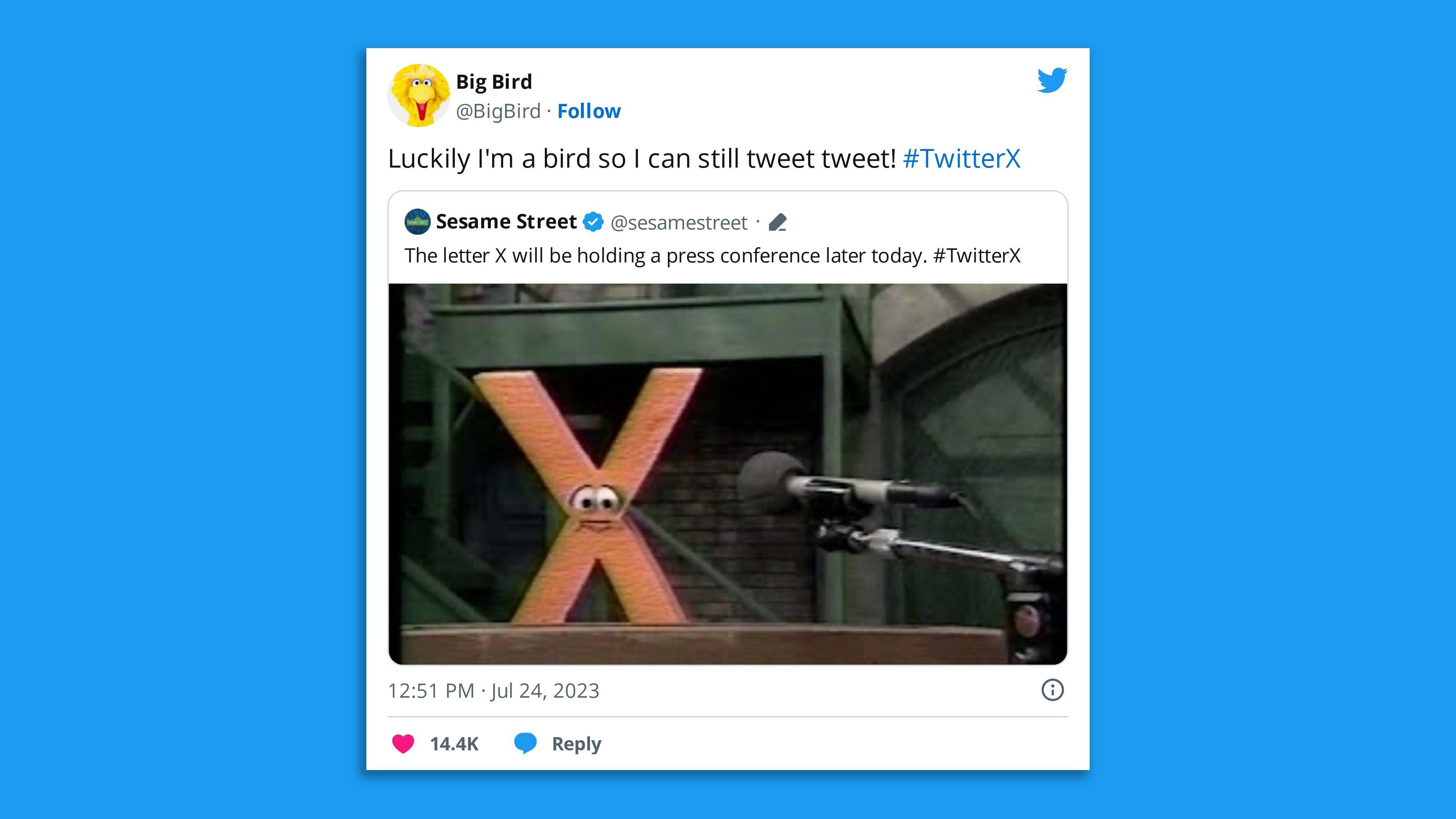 A screenshot of a tweet from Big Bird that reads, "Luckily I'm a bird so I can still tweet tweet!"