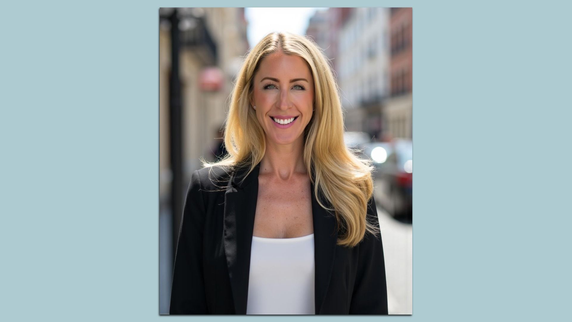 Portrait of a smiling blonde woman in a black blazer and white top, standing on a sunlit city street with blurred buildings in the background.