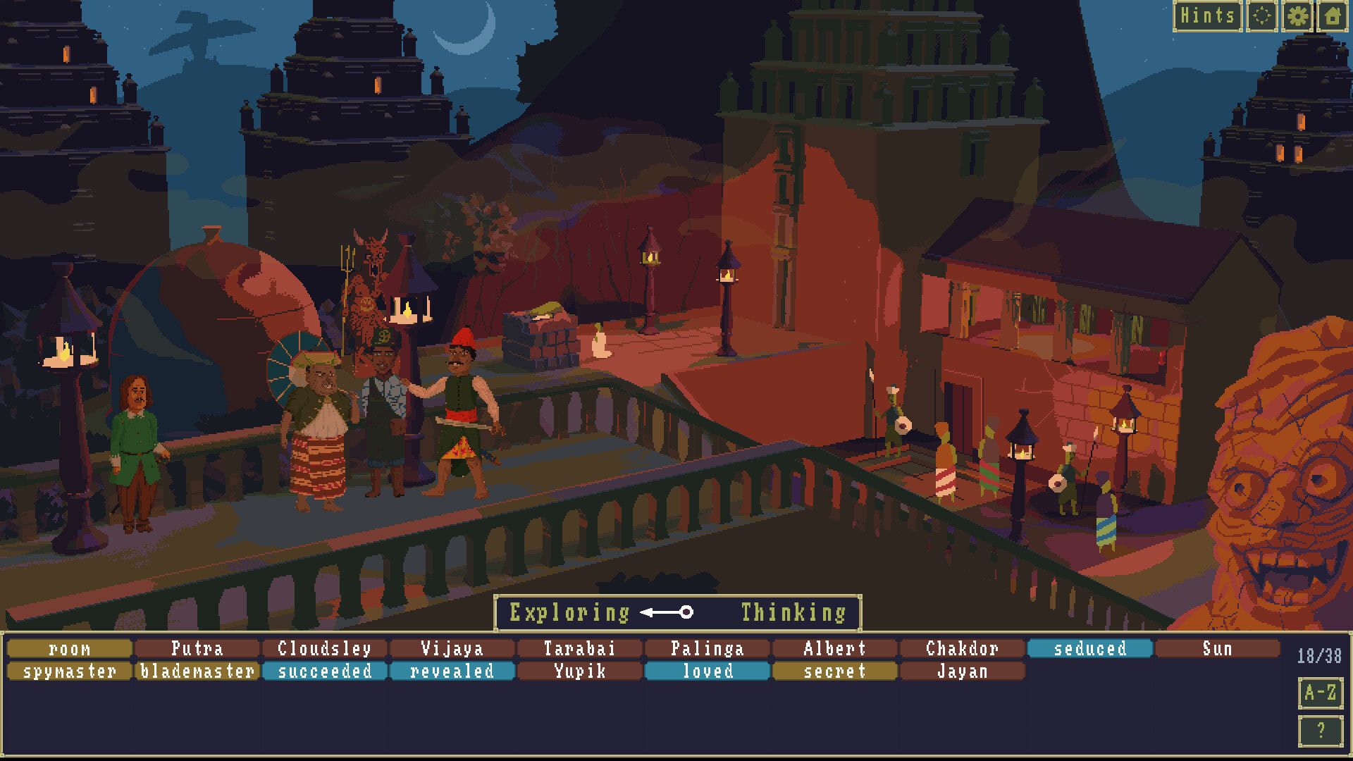 Video game screenshot of people in a town at night. Words below them list names and verbs that can be combined to explain what is happening