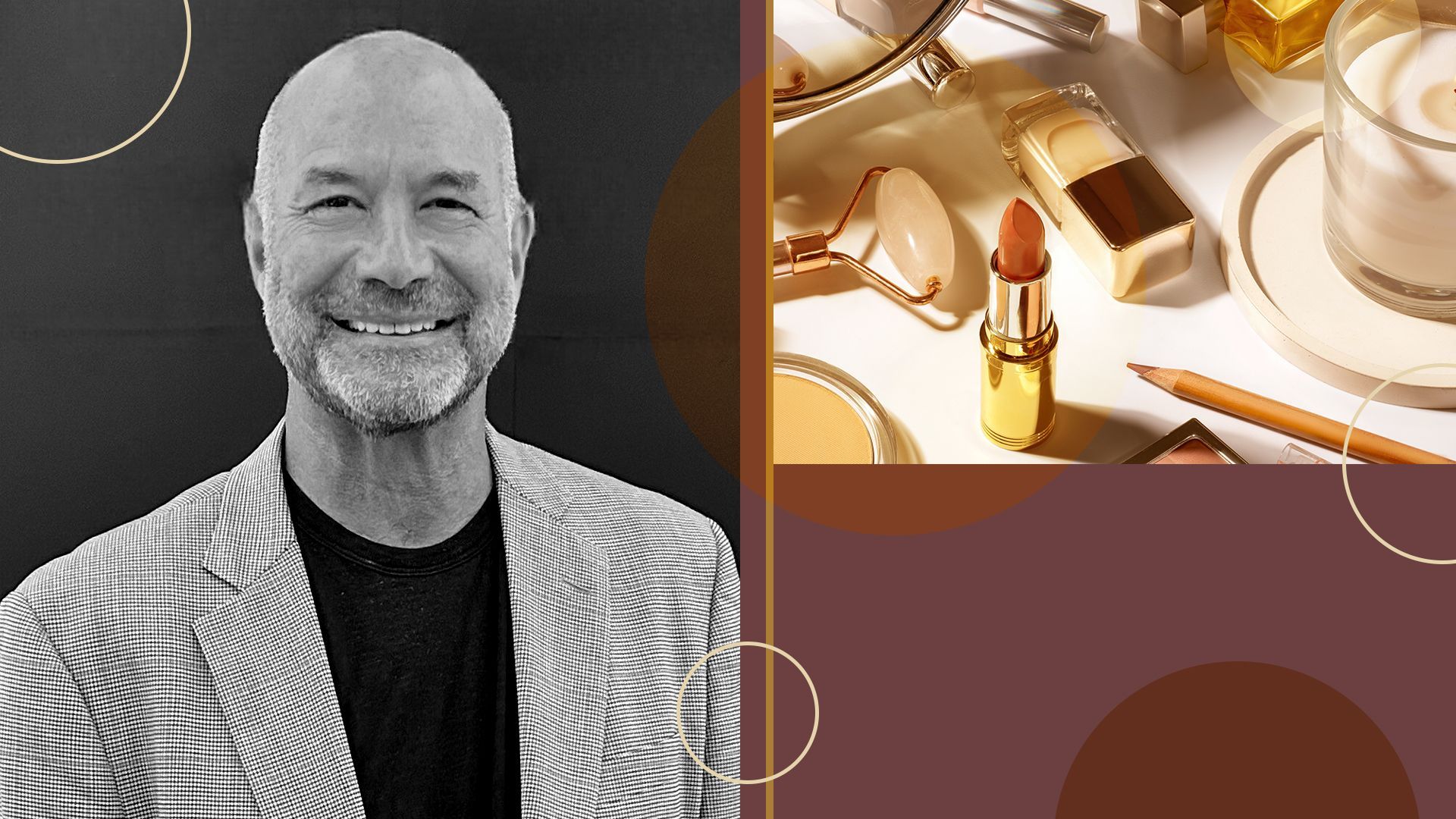 Photo illustration of Rich Gersten collaged with abstract shapes and beauty items.