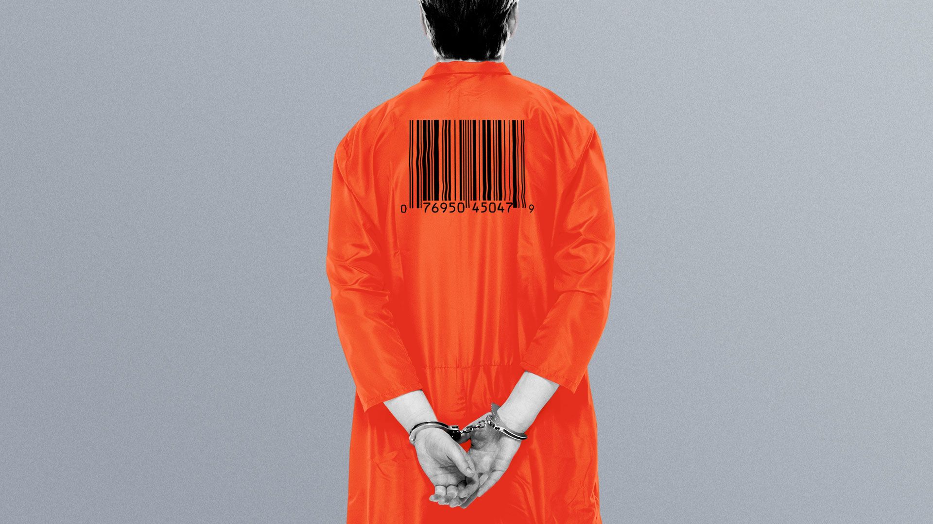 Illustration of an inmate with a barcode on the back of his uniform