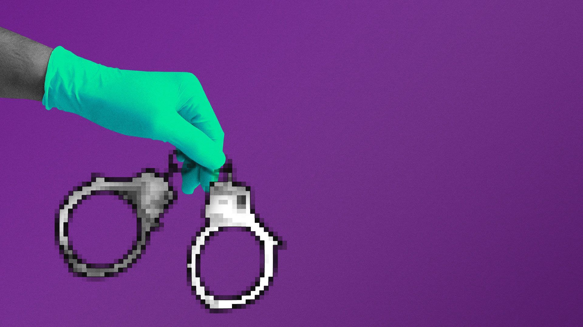 An illustration of a hand with gloves holding handcuffs.