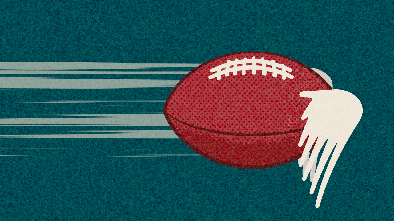 Animated illustration of a football with wings flying.
