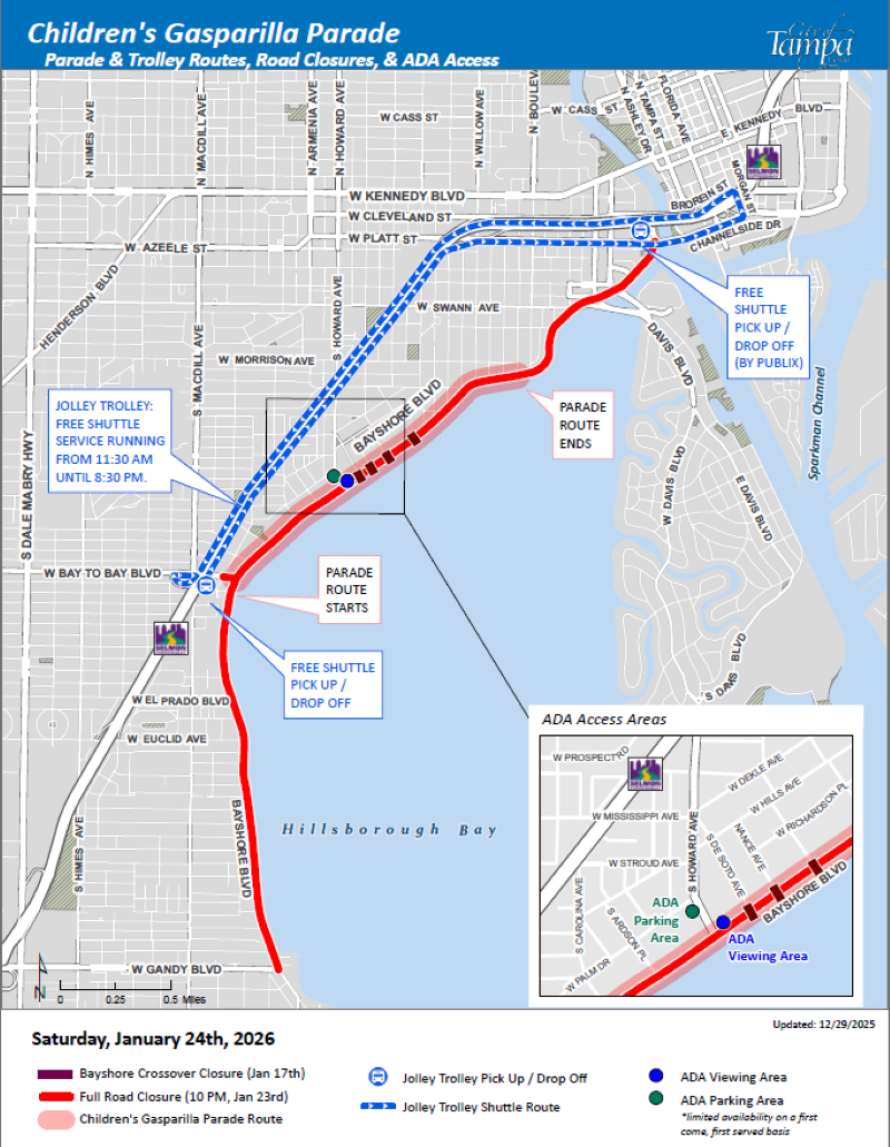 Map of Children's Gasparilla Parade route in Tampa on January 24, 2026, showing parade route along Bayshore Blvd, trolley shuttle route, road closures, free shuttle pick-up/drop-off, and ADA access areas.