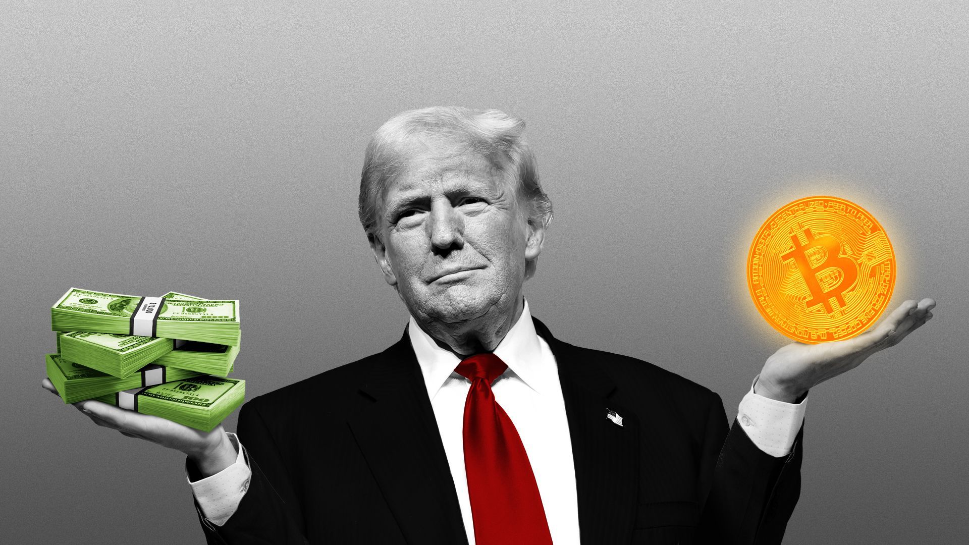 Photo illustration of President Donald Trump holding a stack of hundred dollar bills in one hand and a giant gold bitcoin in the other