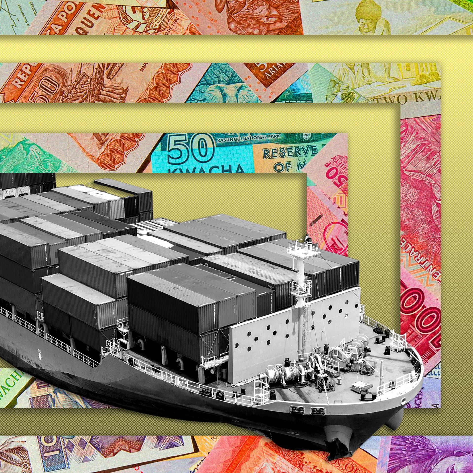 Illustration of a supply ship surrounded by rectangles made of international currency. 
