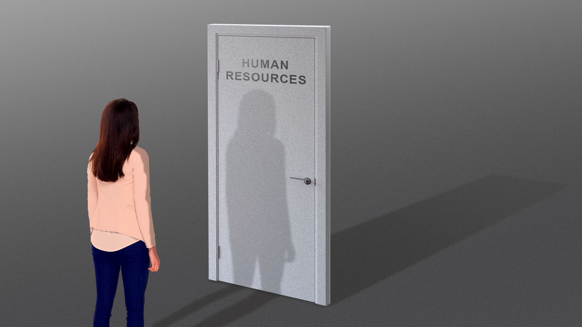 Illustration of a woman facing a single door that reads 