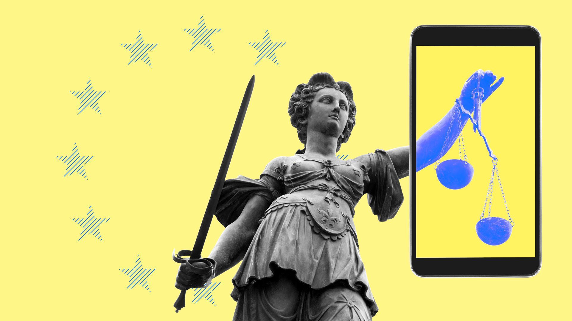 Illustration of European Union statue with her hand extending into a phone