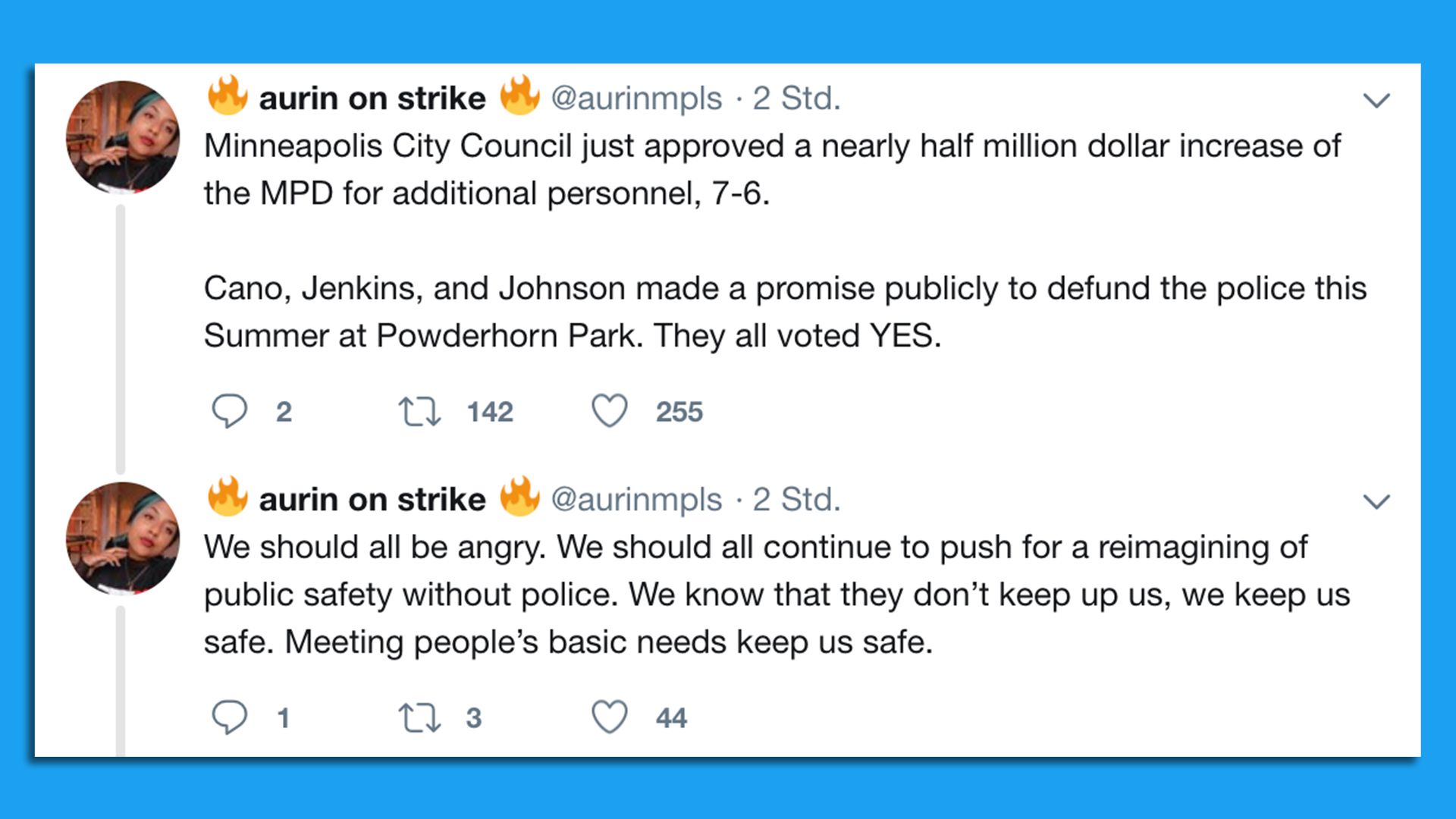 Tweets from a city council candidate in 2020 criticizing elected officials for supporting an increase in minneapolis police funding