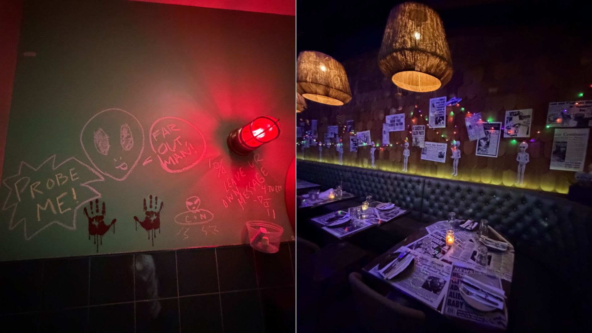 From left, the bathroom of Shore Leave, which has bloody handprints and an alien figure staying "Probe Me!" drawn in chalk; and the dimly lit dining room with skeletons, string lights and paper menus resembling tabloid-style UFO magazines.