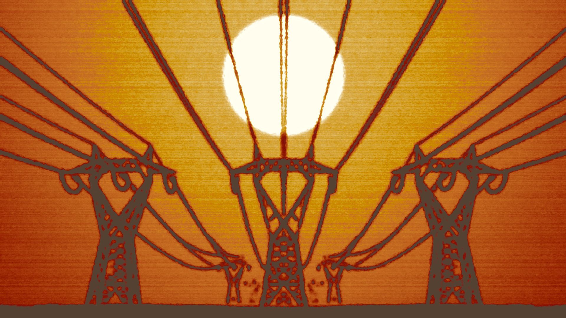 Illustration of electricity transmission towers and wires under a hot sun. 