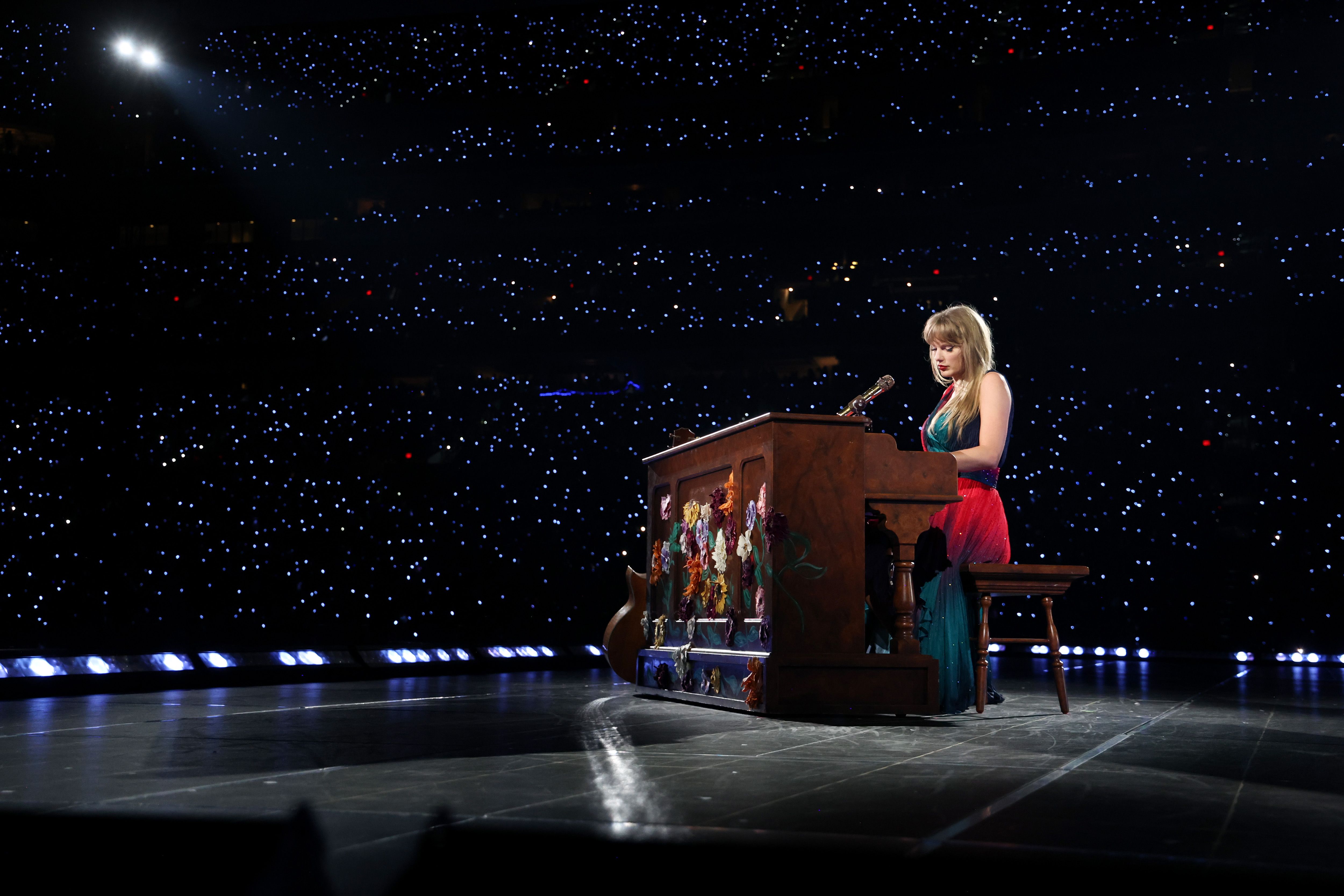 Taylor Swift performs onstage during "Taylor Swift | The Eras Tour" at Lucas Oil Stadium