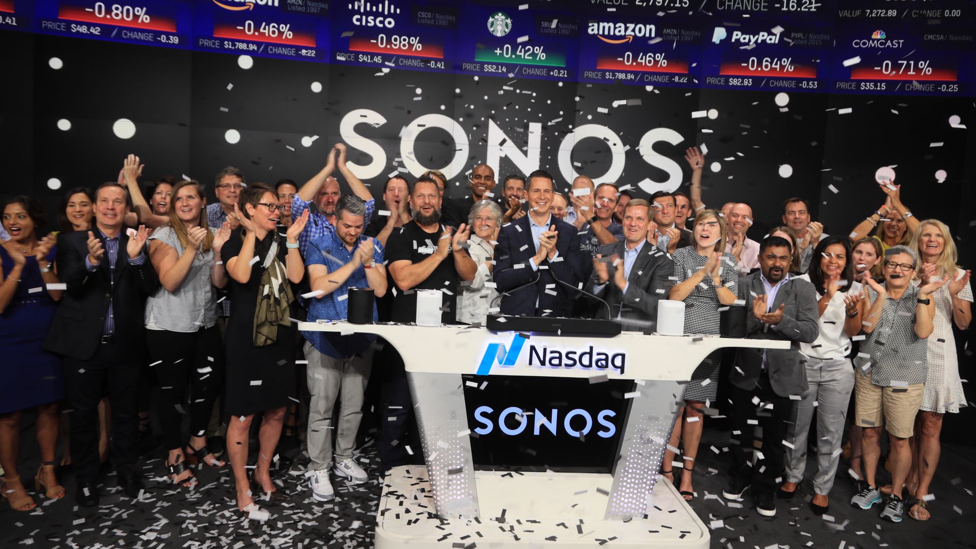 Sonos employees celebrate the company's IPO